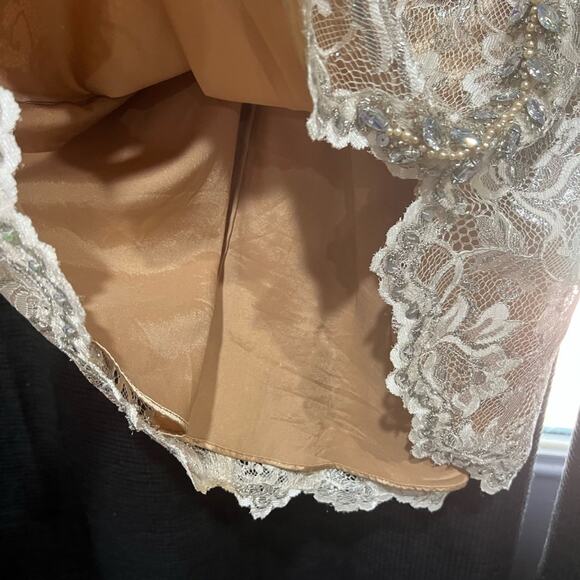 Terani Couture Sunburst Rhinestone & Lace Gold Cream Tan Cocktail Pageant Dress - Picture 13 of 16